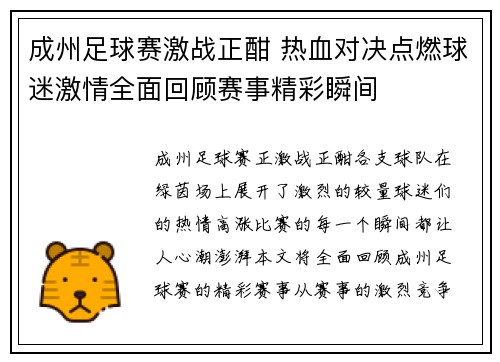 成州足球赛激战正酣 热血对决点燃球迷激情全面回顾赛事精彩瞬间
