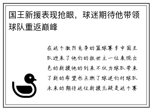 国王新援表现抢眼，球迷期待他带领球队重返巅峰