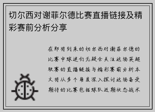 切尔西对谢菲尔德比赛直播链接及精彩赛前分析分享
