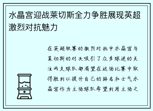 水晶宫迎战莱切斯全力争胜展现英超激烈对抗魅力