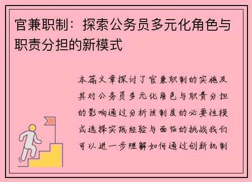 官兼职制：探索公务员多元化角色与职责分担的新模式