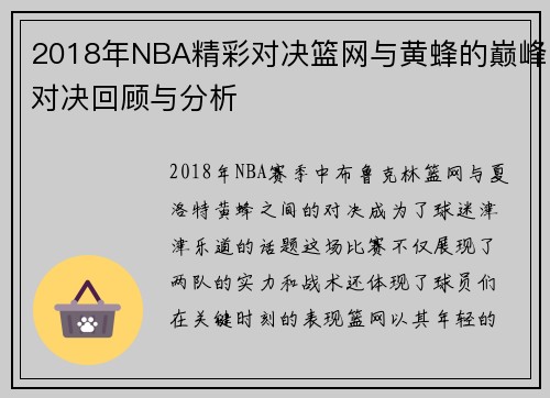 2018年NBA精彩对决篮网与黄蜂的巅峰对决回顾与分析