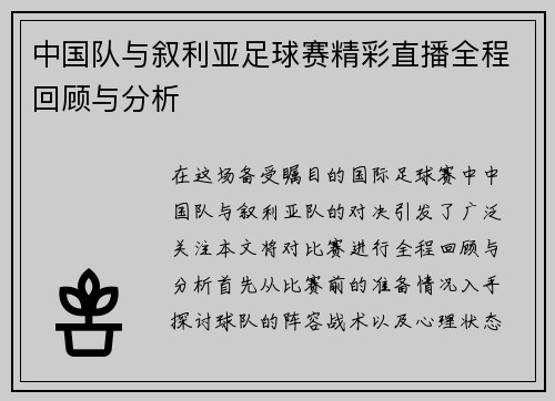 中国队与叙利亚足球赛精彩直播全程回顾与分析