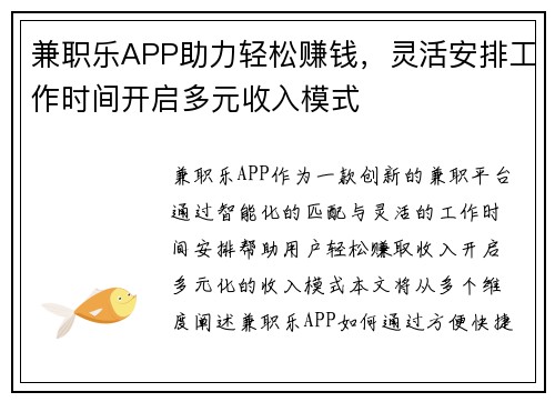 兼职乐APP助力轻松赚钱，灵活安排工作时间开启多元收入模式