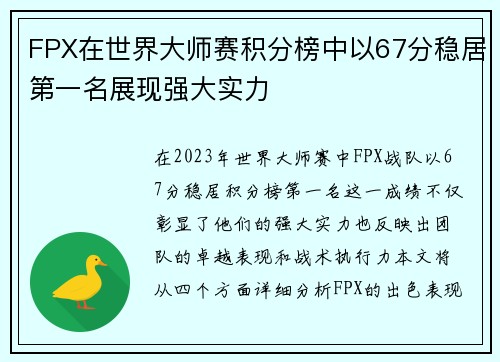 FPX在世界大师赛积分榜中以67分稳居第一名展现强大实力