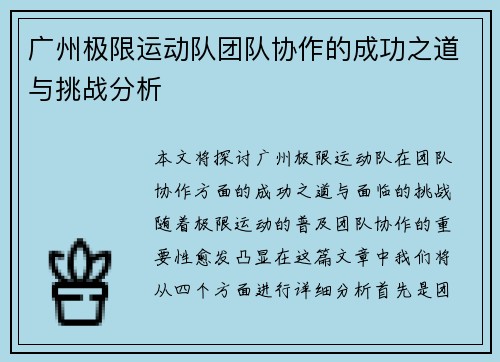 广州极限运动队团队协作的成功之道与挑战分析