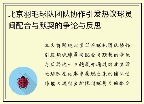 北京羽毛球队团队协作引发热议球员间配合与默契的争论与反思