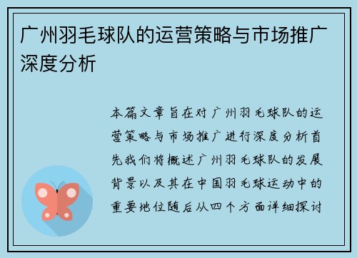 广州羽毛球队的运营策略与市场推广深度分析